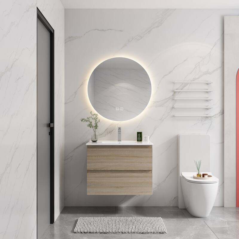 24" Floating Bathroom Vanity with Ceramic Basin, 2 Soft-Close Drawers, Eco-Friendly Plywood Construction - 24in L Plywood - 24in L Light Oak