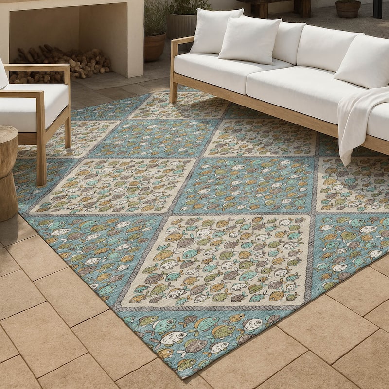 Machine Washable Indoor/ Outdoor Diamond Fish Chantille Rug - Teal - 9' x 12'