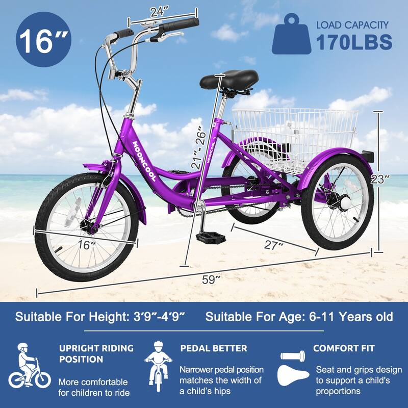 Docred 16" and 24" Tricycle 1-Speed 3 Wheel Trike Bike with Basket