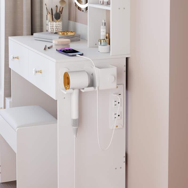 Full Body Mirror Cabinet+17" Round Mirror LED Vanity Table+Cushioned Stool,With 2 AC + 2 USB Power Station,Touch Control,3-color