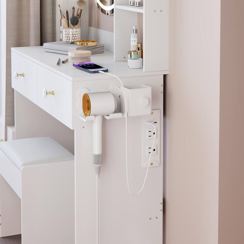 Full Body Mirror Cabinet + Round Mirror LED Vanity Table + Cushioned Stool, With 2 AC + 2 USB Power Station