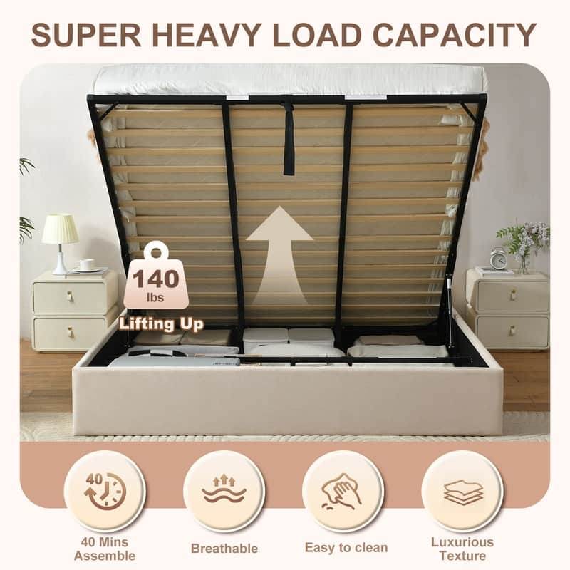 Modern Upholstered Lift-Up Storage Platform Bed with Headboard