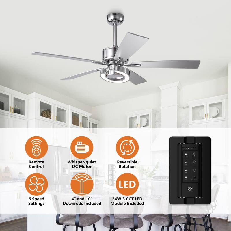 52" Chrome Modern Dimmable LED Indoor Ceiling Fan with Light and Remote