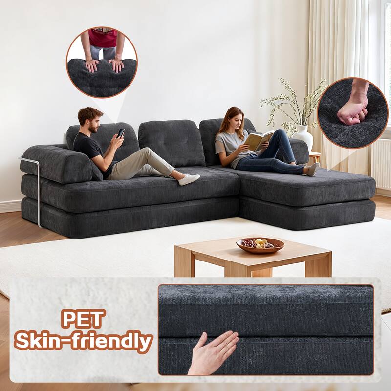 Modular Sectional Sofa with L-Shape Chaise Lounge, Comfy Chenille Boneless Couches, High-Responsive Memory Foam Compressed Sofa