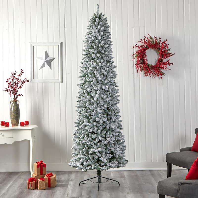 9ft Artificial Christmas Tree with Lights - Slim Winter Fir, Prelit Warm White LED Tree, Flocked Holiday Decor - Green - 108
