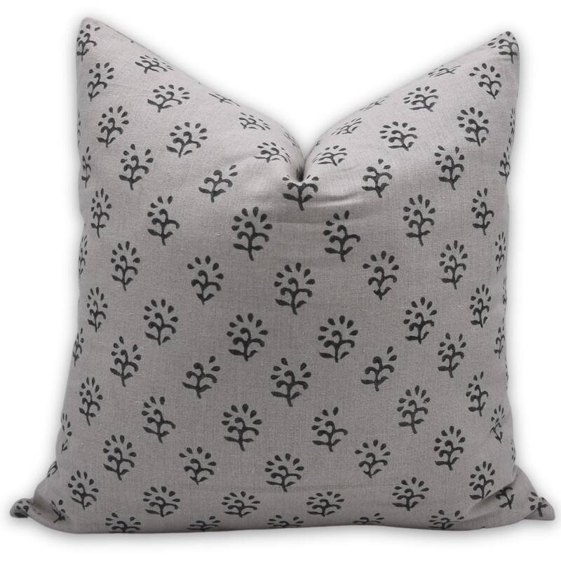 Fabdivine Polka Dots Grey Pure Linen Cushion Cover Soft, 12x20 Inches Handmade Block Print Bedroom or Farmhouse Décor, Shivri - Pillow Covers - Shivri- Black - 24" x 24"