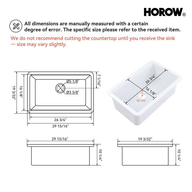HOROW 30 in. Drop-In Single Bowl White Ceramic Kitchen Sink Standard and Bottom Grid, Drain Assembly, Cutting Board
