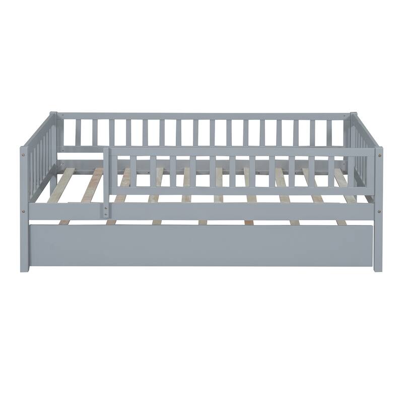Twin Size Wood Daybed with Pull-Out Trundle and Safety Guardrails in Gray