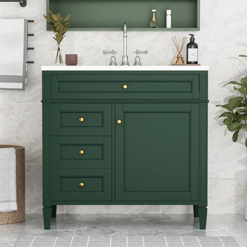 Modern Single Sink Bathroom Vanity Cabinet with Door Rack, Tip-out Drawer, 2 Pull-out Drawers, Metal Knobs and Adjustable Shelf