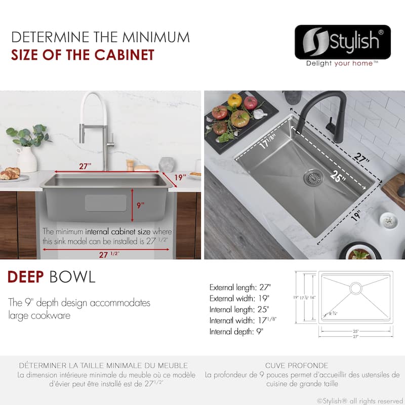 Dual Mount 27" Stainless S. Single Bowl Kitchen Sink Handmade - 27" x 19" x 9"