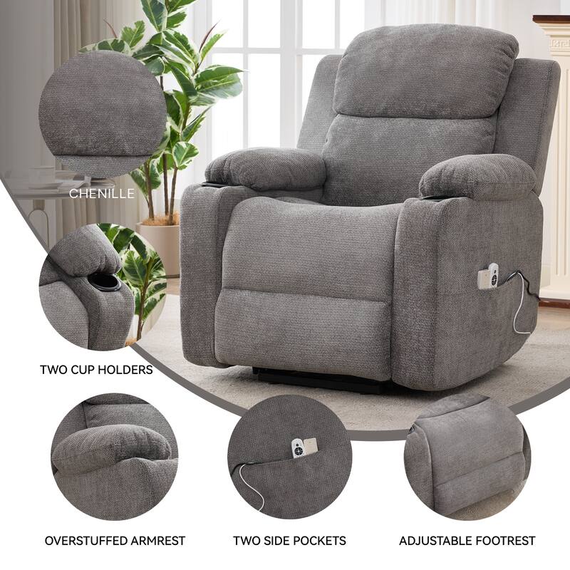Chenille Power Lift Recliner Chair, Heavy Duty Recliner Chair with Heat & Massage, Lounge Chair with USB Ports & Cup Holders