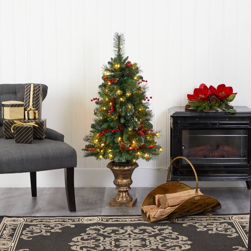 4’ Pre-Lit Pine with Pinecones and Berries Artificial Christmas Tree, Clear LED Lights - 4 Foot