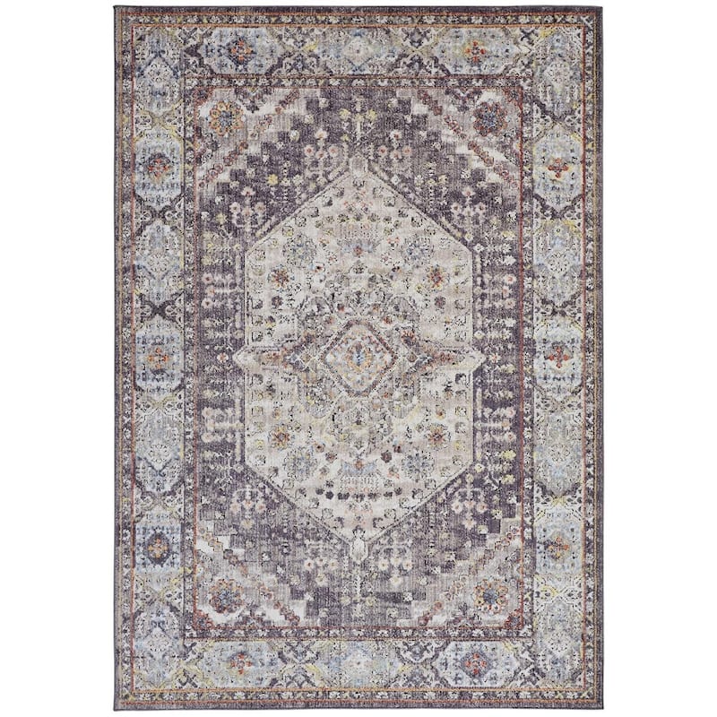 Matana Space Dyed Medallion Area Rug, Light Gray/Plum/Rust