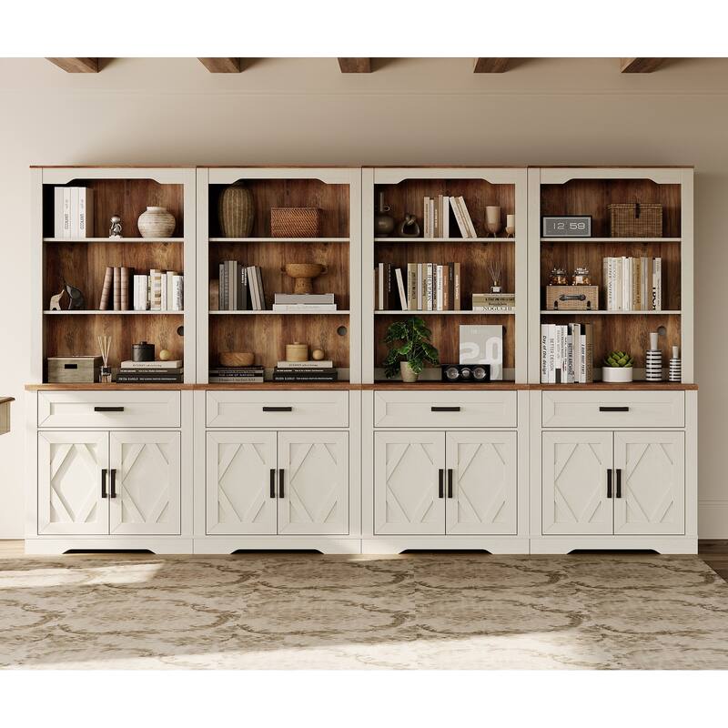 5 Tier 4-Column Bookshelf Set with Open Storage and Glass Doors