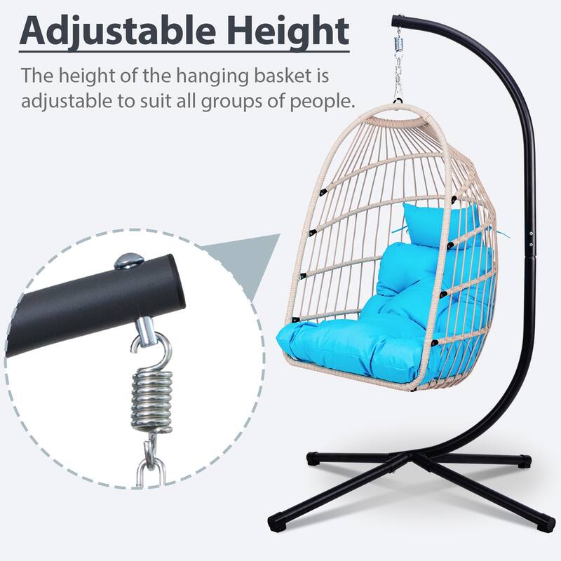Outdoor Egg Hanging Chair, Swing Chair with Stand & Aluminum-Steel Frame, Patio Rattan Wicker Hanging Swing Egg Chair