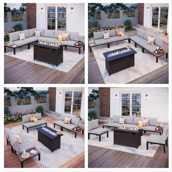 3-8 Pieces Patio Sectional sofa set, E-coating Steel frame Conversation Sets with Built-in Side Table , Grey Cushion