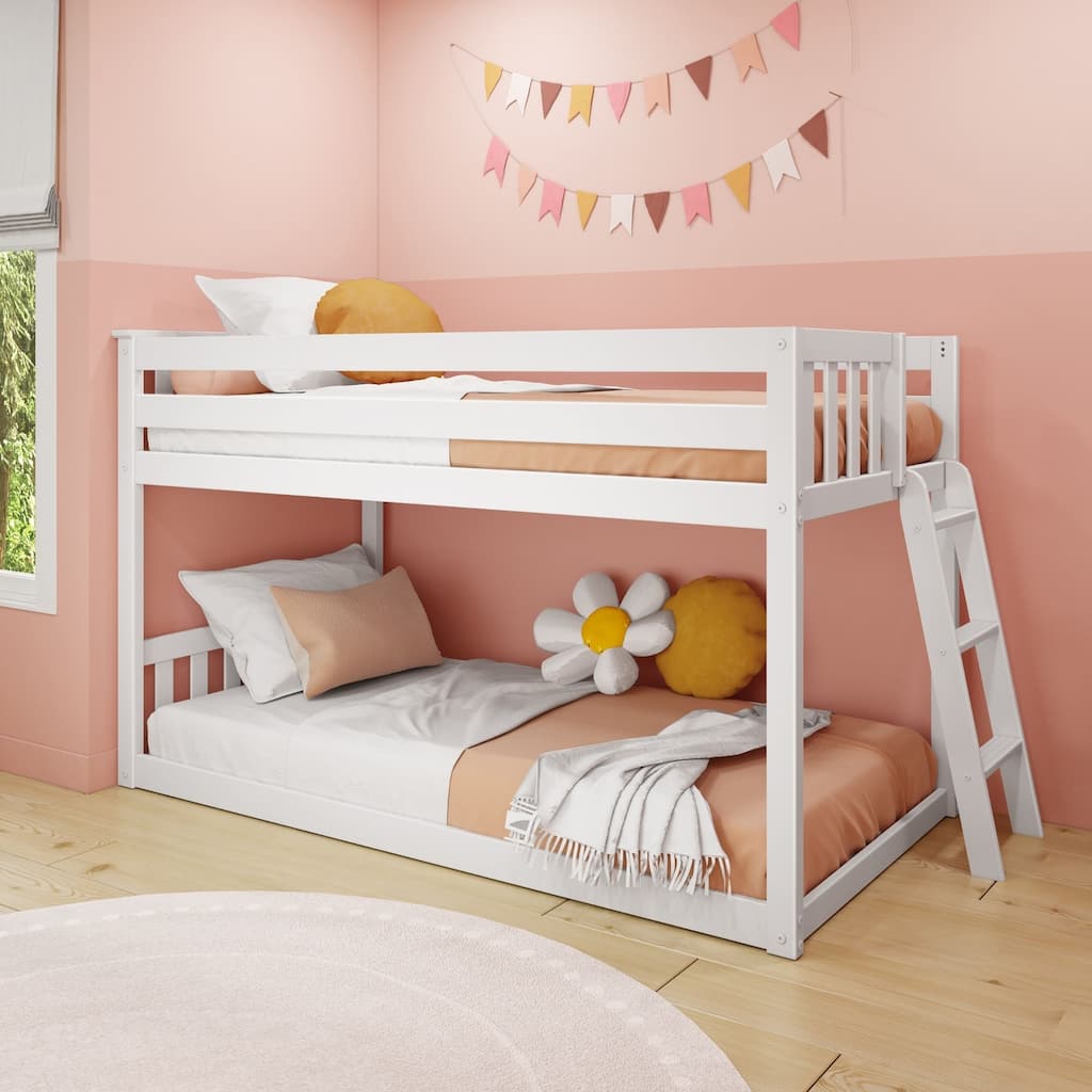 Max and Lily Twin over Twin Low Bunk Bed with Ladder on End