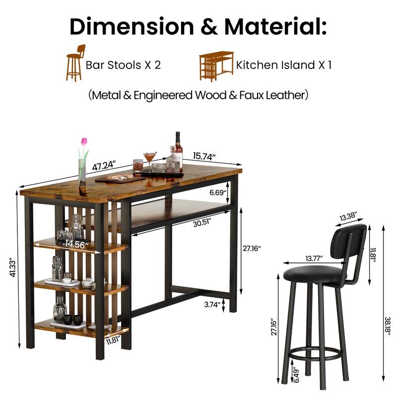 3-Piece Dining Room Table Set with 2 Upholstered Bar Stools, Modern Farmhouse Bar Table Set for 2 with Multiple Tier Shelves