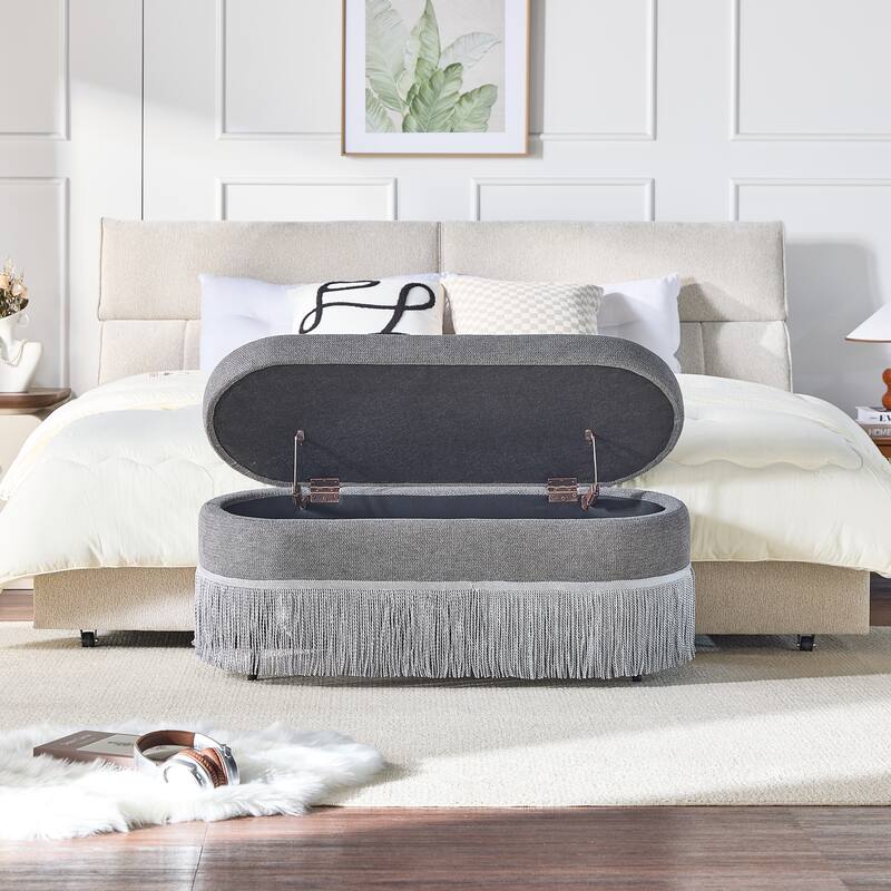 Oval Upholstered Storage Ottoman with Fringe Trim & Lift-Top Lid - 39"L x 16"W x 17"H,Multi-Functional Footrest & Hidden Storage - Grey