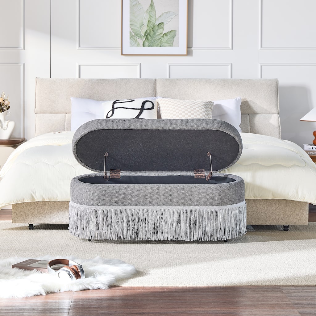 Oval Upholstered Storage Ottoman with Fringe Trim & Lift-Top Lid - 39"L x 16"W x 17"H,Multi-Functional Footrest & Hidden Storage
