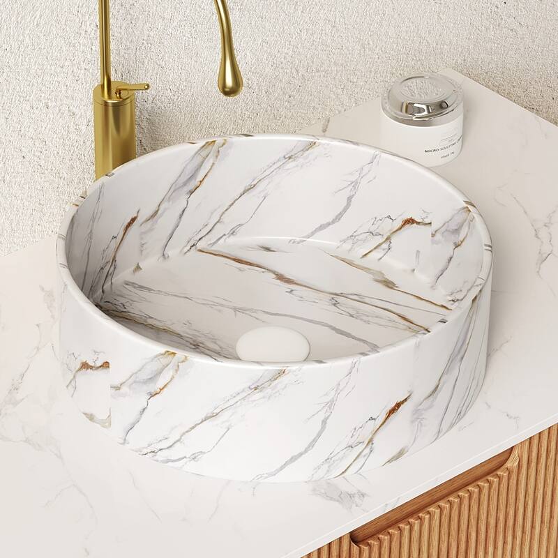 14" Bathroom Round Ceramic Sink with Stone Pattern, No Faucet