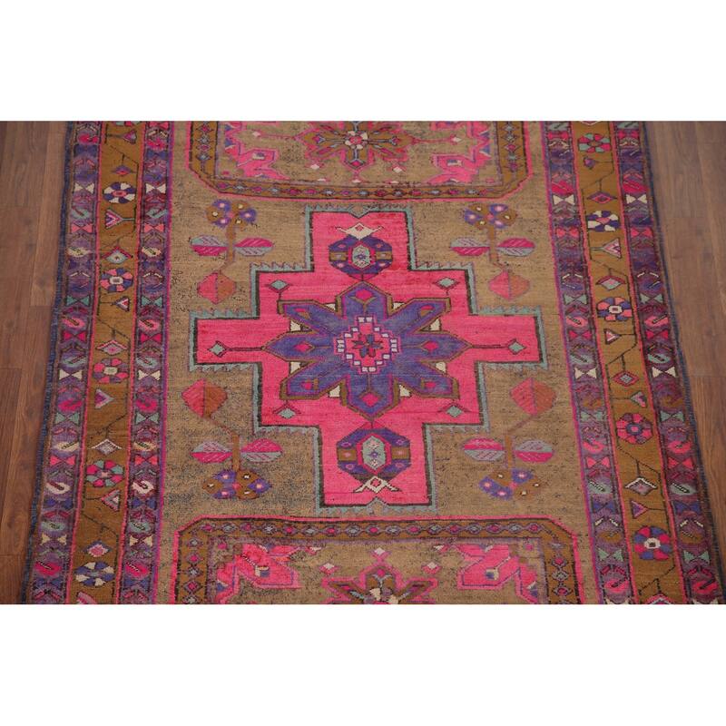 Handmade Ardebil Persian Vintage Runner Rug Geometric Wool Carpet - 3'11" x 10'7"