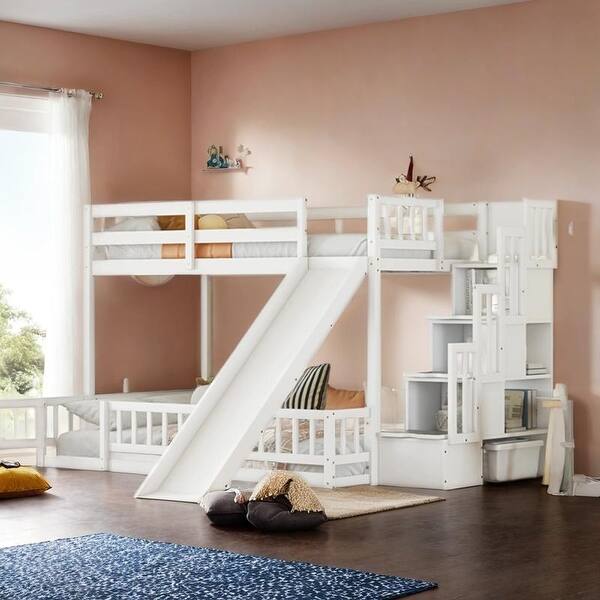 slide 2 of 12, Elegant Twin Over Full Bunk Bed with Slide, Storage Staircase, Pine Solid Wooden Bunk Bed with Safety Guardrails, White White