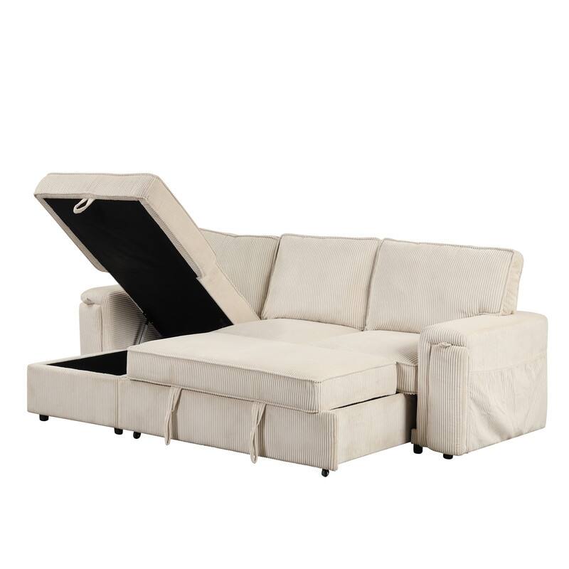 Modern Sectional Sofa with Storage Chaise and 2 Cup Holders,Sleeper Sofa with Pull Out Bed