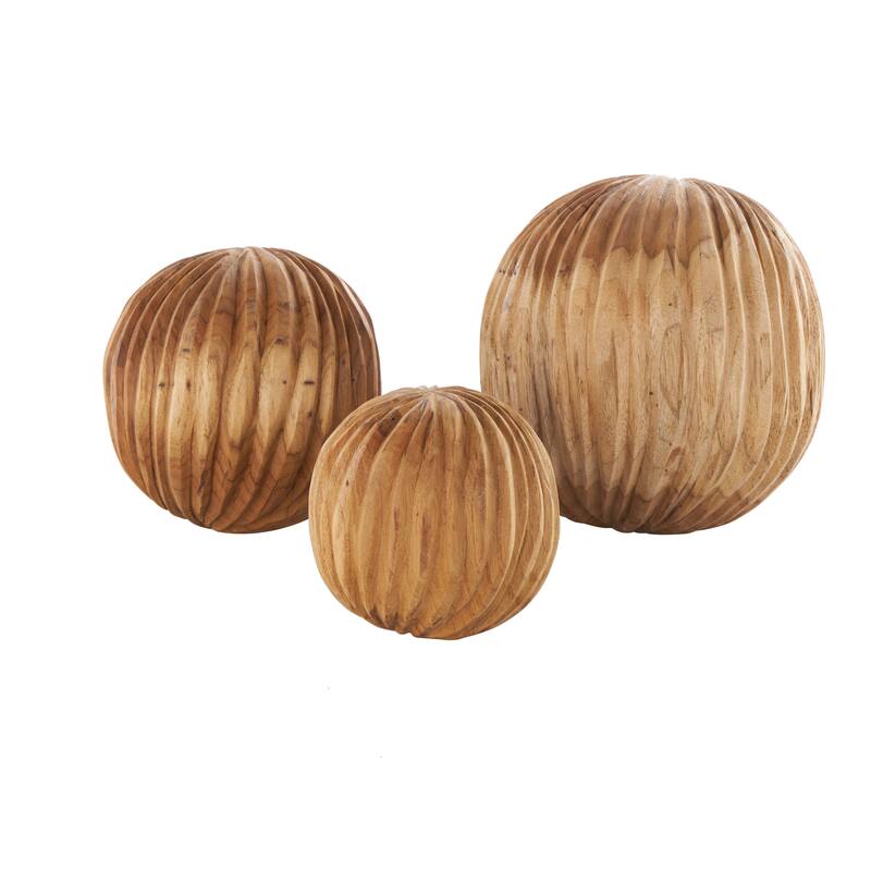 Brown or Black Teak Wood Handmade Carved Textured Orbs & Vase Filler with Ridges (Set of 3)