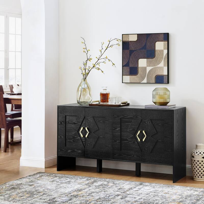 Roomfitters 60" Sideboard Buffet Cabinet, Mid Century Modern, Geometric Pattern Storage TV Console - Black
