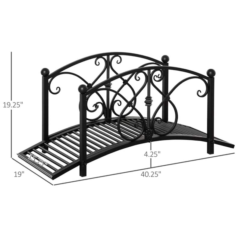 Vintage Style Decorative Steel Garden Bridge with Floral Motifs and Safety Side Rails for Outdoor Pond Stream
