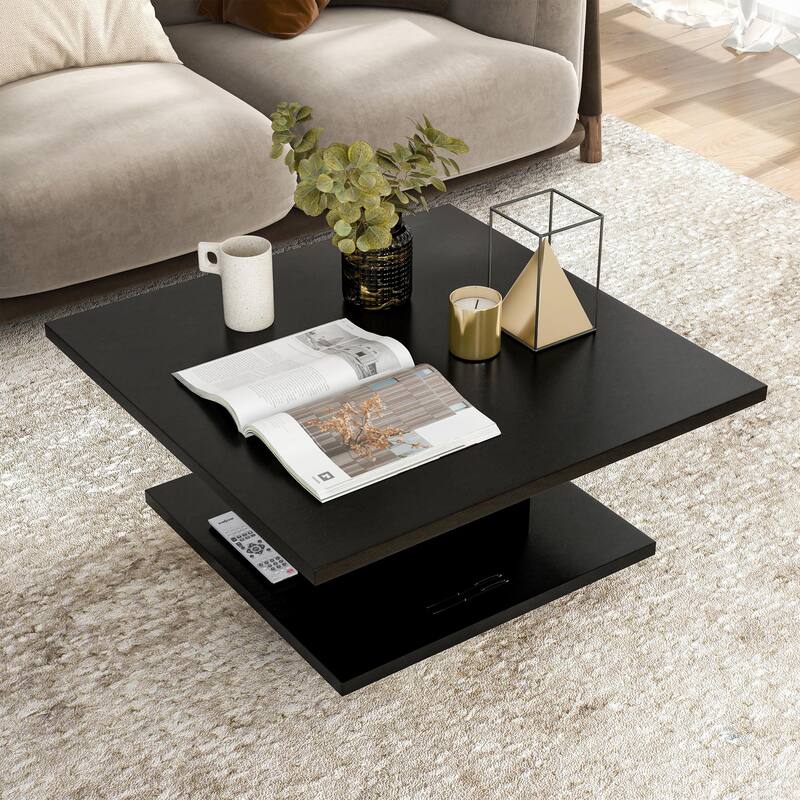 Ross Modern Square Coffee Table with Wrap Around Base Shelf and Hidden Storage by Strick & Bolton