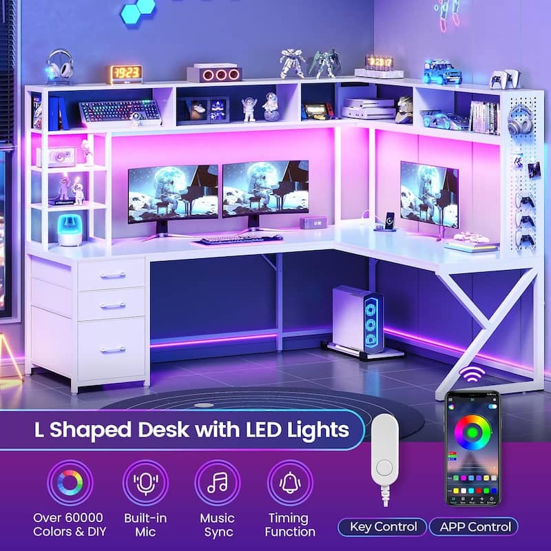 L Shaped Gaming Desk with Storage Shelves and Hutch Computer Desk 3 Drawers