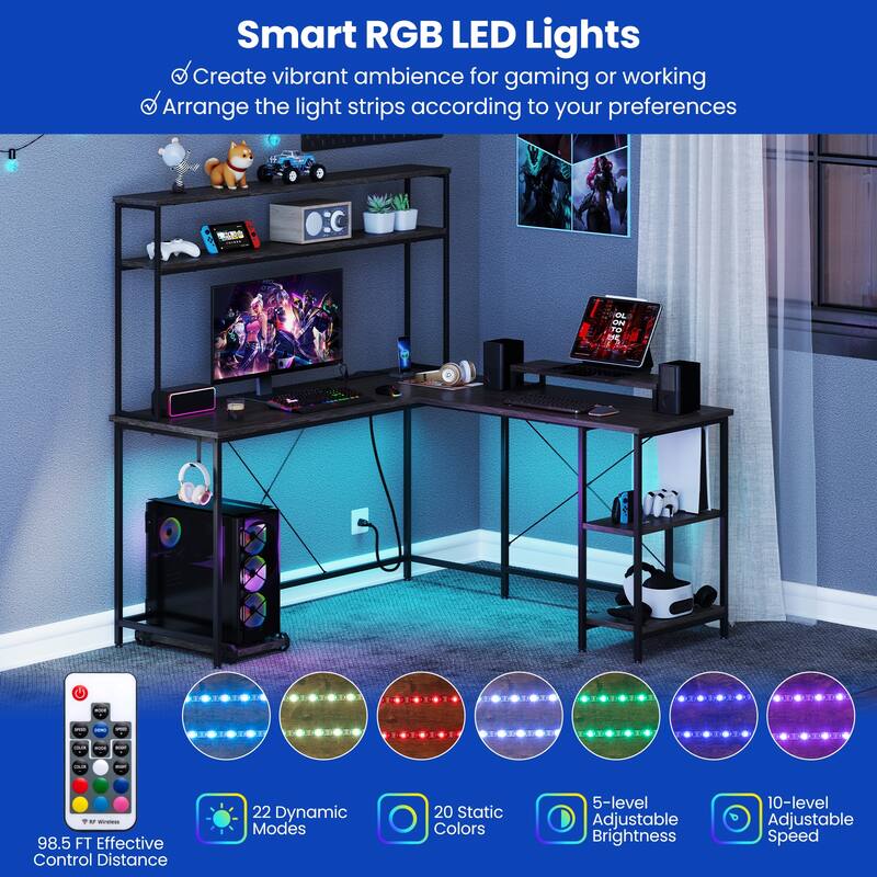 Engineered Wood L-Shaped Gaming Desk with LED Lights and Power Strip