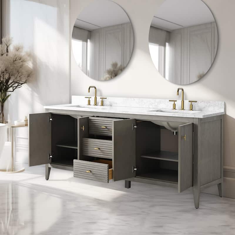 Vanity Art 72" Double Sink Bathroom Vanity Cabinet with Engineered Marble Top