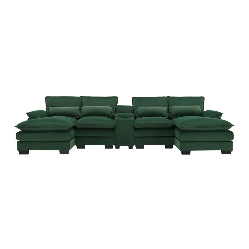 6-Seat U-Shaped Sofa with Console, Cupholders & USB Ports, Chenille Upholstery, 123"