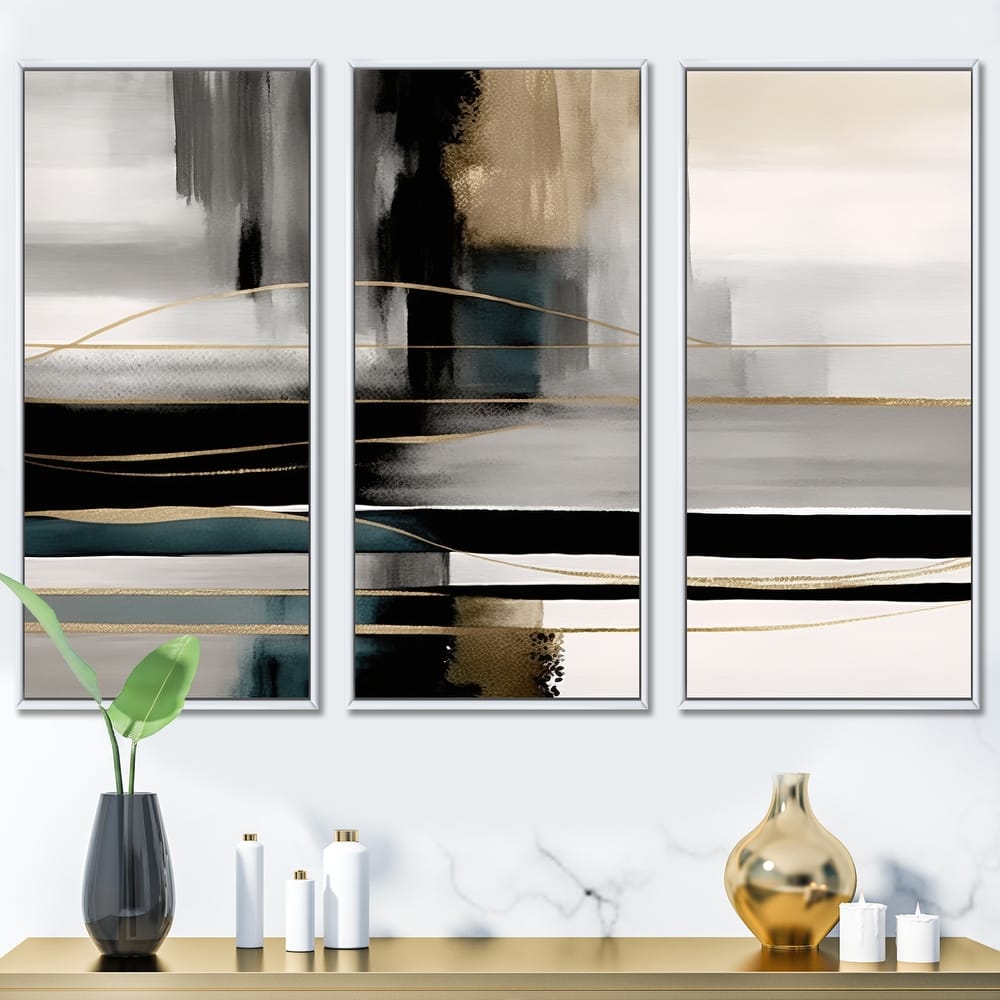 Designart "Abstract Geode Geometric Black And Gold III" Modern Geometric Framed Canvas Art Print - 3 Panels