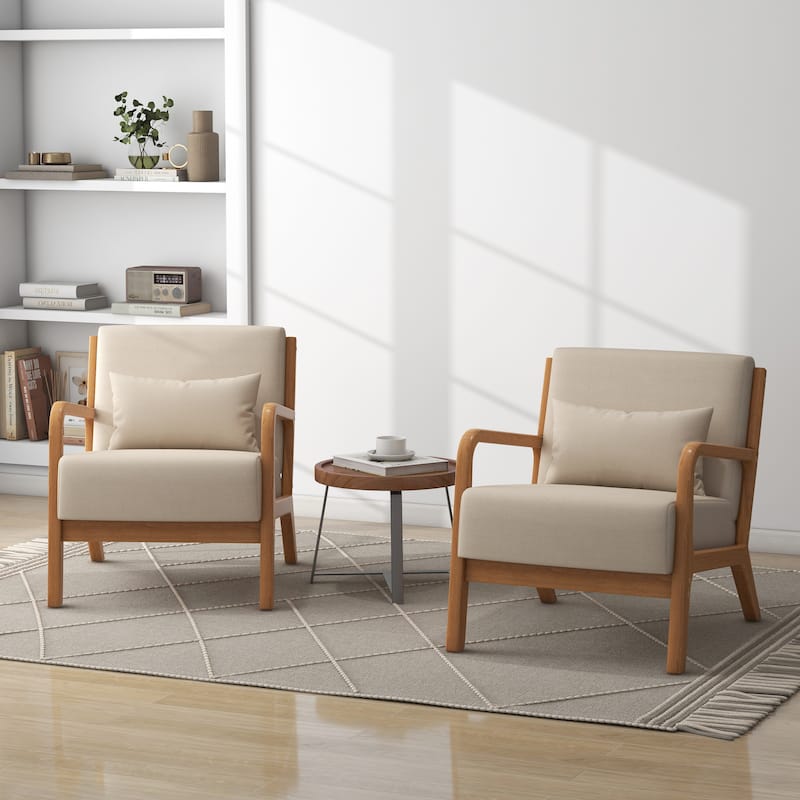 Upholstered Armchair Accent Chairs with Pillows Set of 2 - Natural Wood/Linen - Beige/Linen/Natural Wood