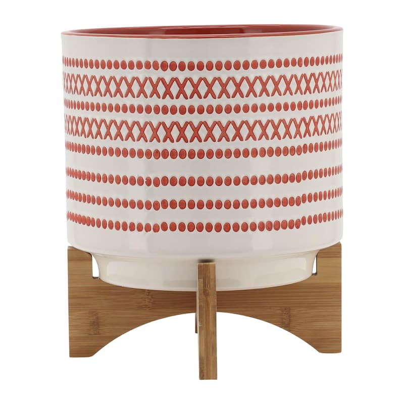 10-inch Ceramic Planter with Wood Stand,Orange