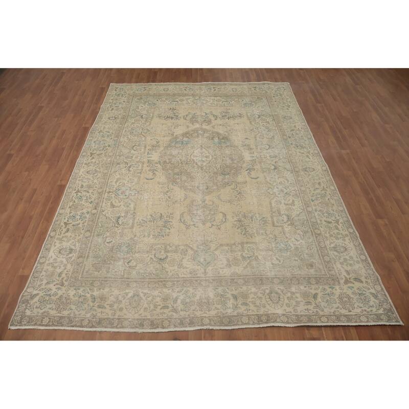 Hand Knotted Oriental 100% Wool Carpet Traditional Floral Beige & Ivories Tabriz Area Rug - 11' 8'' X 8' 1''