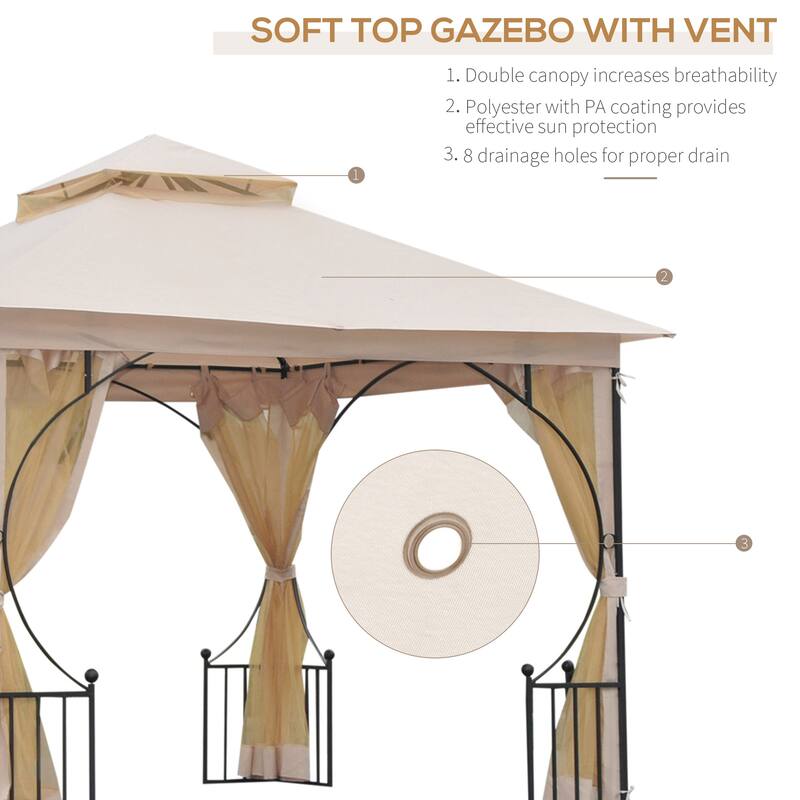 10' x 10' Modern Double Roof Patio Gazebo Canopy Shelter with Netting,Steel Corner Frame