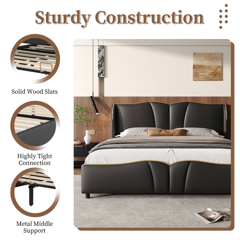 Modern Queen Size Leather Upholstered Bed Frame with Wingback Headboard and Wavy Footboard, No Spring Box Needed