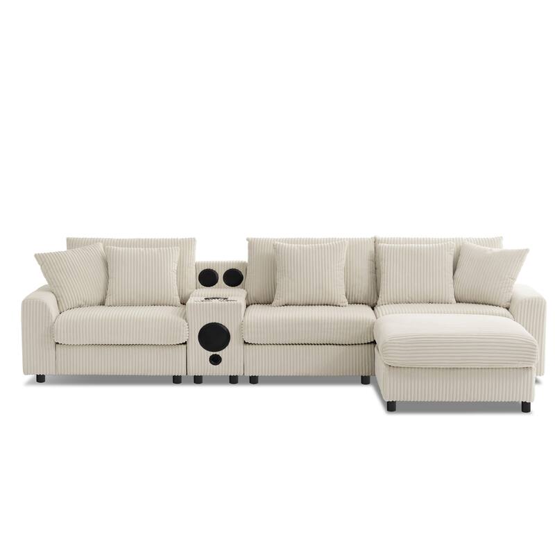 Modular Corduroy Sectional Sofa with Bluetooth Speakers, Charging Ports, Cup Holders, Storage and Ottoman for Living Room