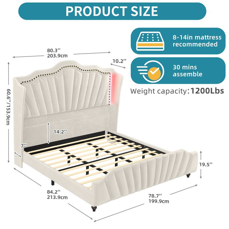 Velvet Upholstered Platform Bed Frame with 60" Tall Wingback Headboard