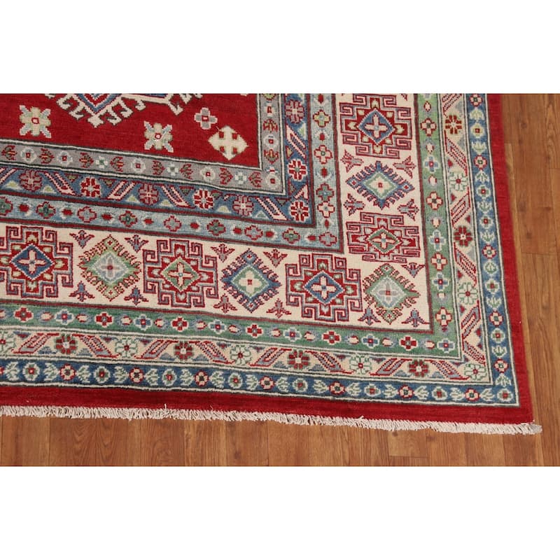 Geometric Red Large Kazak Oriental Area Rug Hand-Knotted Wool Carpet - 10'0" x 13'9"