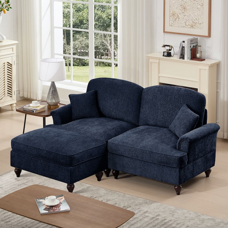 76.4" L Shaped 2-Seat Sectional Sofa, Chenille Couch with Ottoman, Flared Arms Loveseat with Removable Ruffles Pleats Skirts