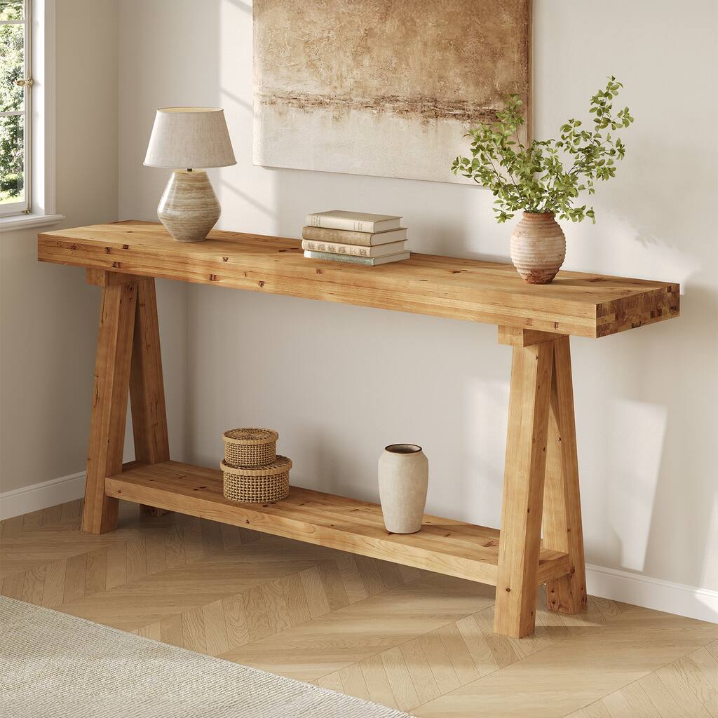70.87-Inch Long Solid Wood Sofa Table with Shelves for Entryway