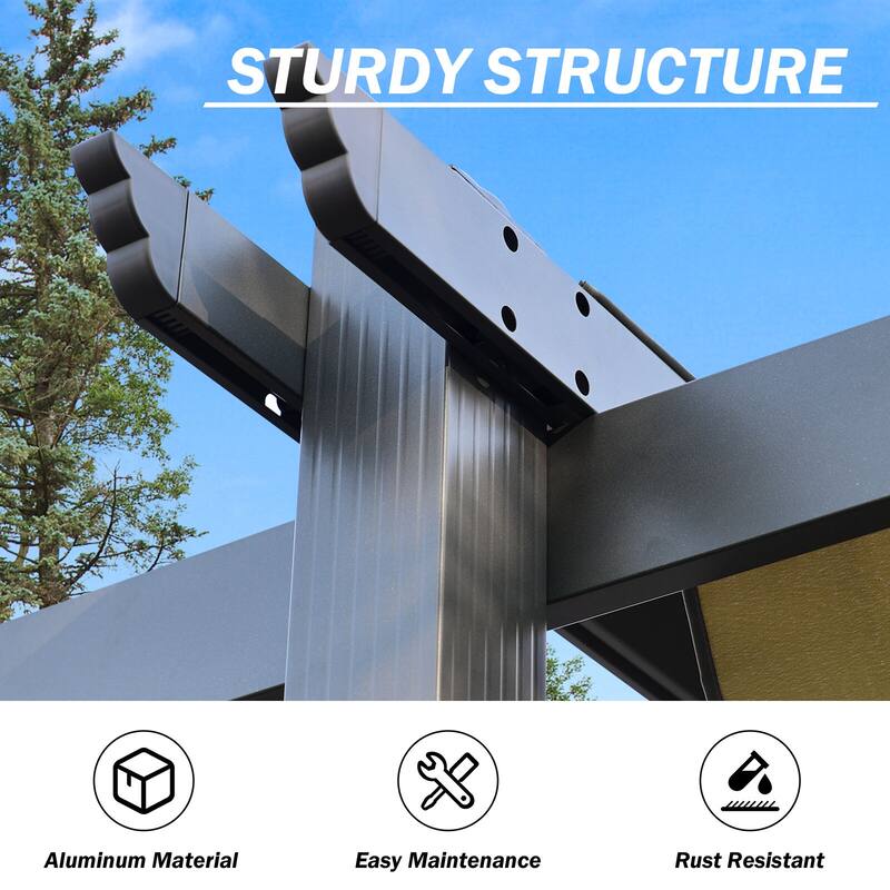 Aoodor Outdoor Pergola with Retractable Shade Canopy, Dark Gray Matte Aluminum Frame