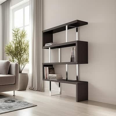 HomeRoots 67" Espresso And Silver Metal and Wood Three Tier Etagere Bookcase