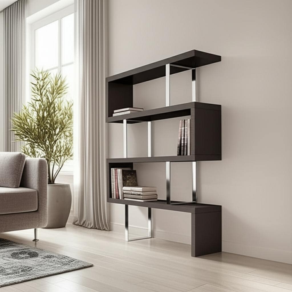 HomeRoots 67" Espresso And Silver Metal and Wood Three Tier Etagere Bookcase